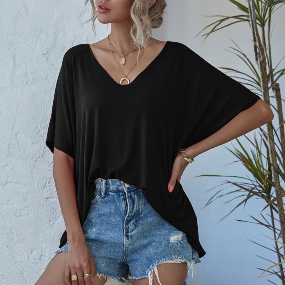 V neck Classic Dolman Sleeve Oversized Top Black - Picture 1 of 13